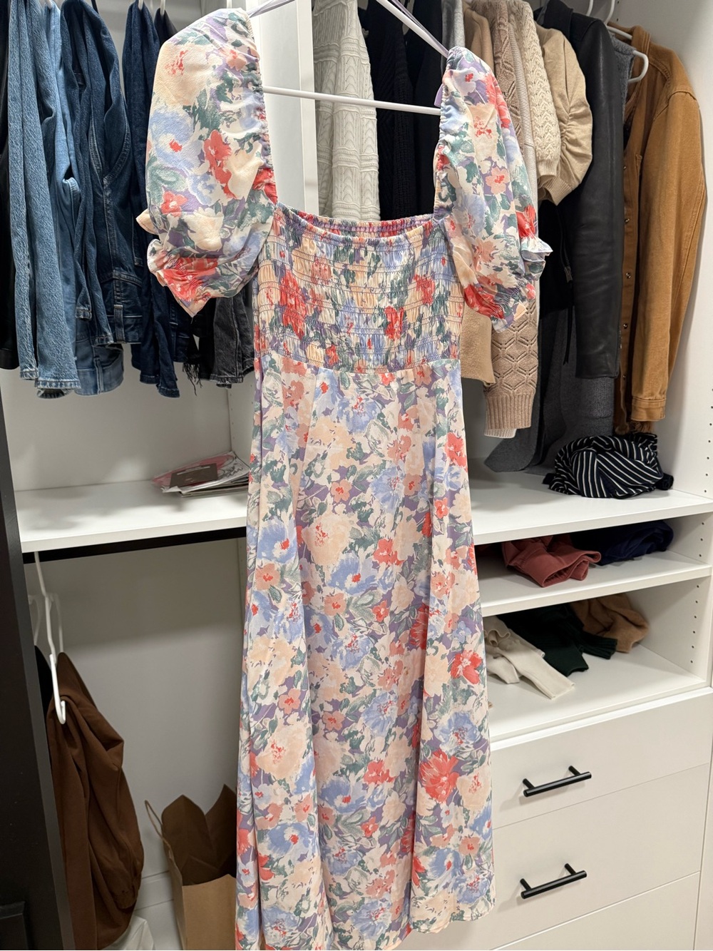 Astr Floral Puff-Sleeve Midi Dress in Pastel Blue, Pink & Cream